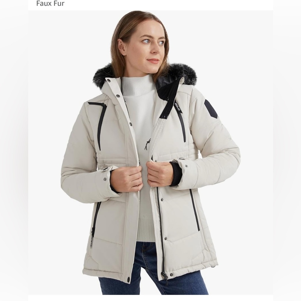 NWT Orolay Columbia style Women's Faux Fur Hooded Jacket - Cream/Beige S